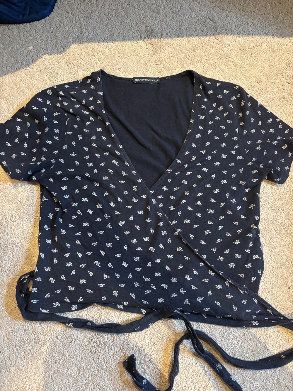 Brandy Melville Navy White Floral Wrap Crop Top